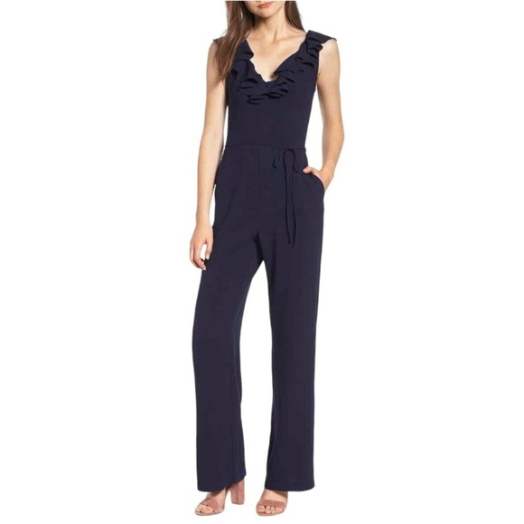 WAYF Anderson Ruffle Jumpsuit Women's Size Small Navy Blue Flowy  Leg Fit V-Neck - Picture 1 of 15
